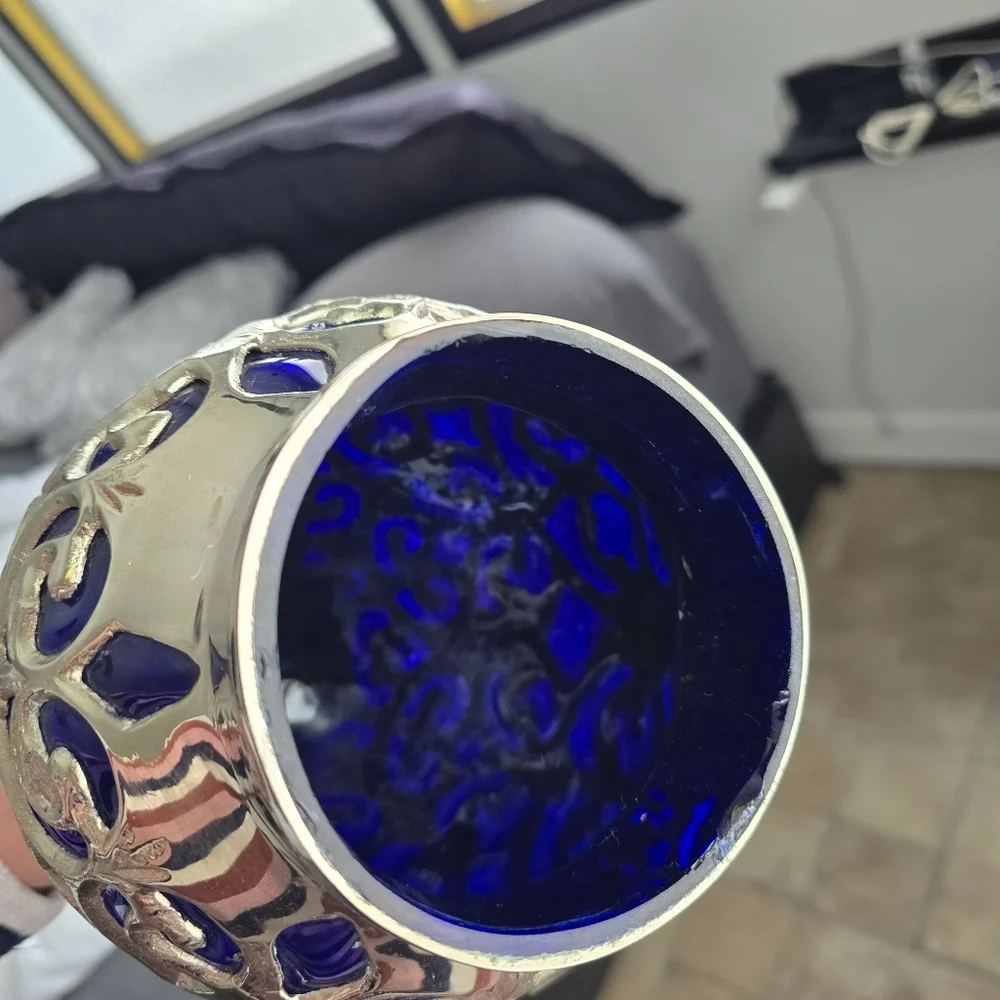 Antique Ornate Colbalt Blue and Silver Decorative Vase - Picture 10 of 14